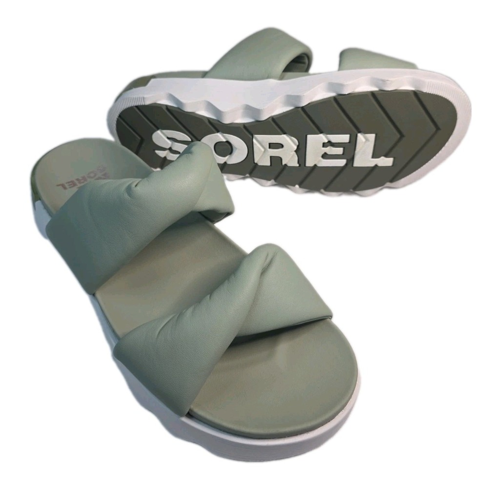 Sorel‎ Viibe Twist Slide Sandals Womens 9.5 Safari Stone Green Leather NWOB